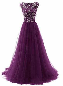 Picture of Pretty Beaded Tulle Long Party Gown, Tulle Cap Sleeves Formal Dress